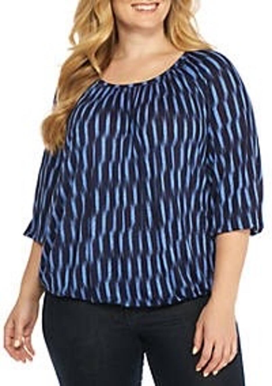 Michael Kors Women's Blue/Black Print Elbow Sleeves Peasant Top | Size Large